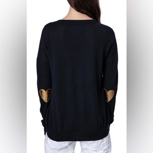 Zadig & Voltaire Cici Black Merino Wool Heart Patch Crewneck Pullover Sweater